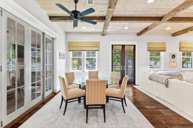 sunroom with french doors, ceiling fan, beamed ceiling, and wooden ceiling