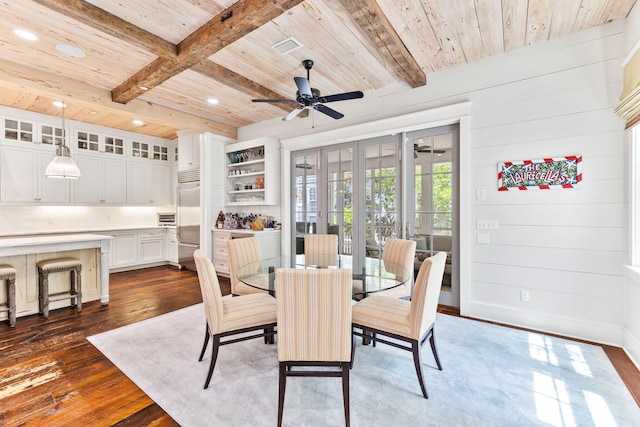 dining area featuring french doors, ceiling fan, dark hardwood / wood-style floors, beam ceiling, and wood ceiling