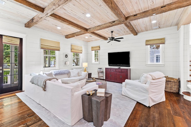 living room with wood ceiling, dark hardwood / wood-style floors, beam ceiling, and ceiling fan