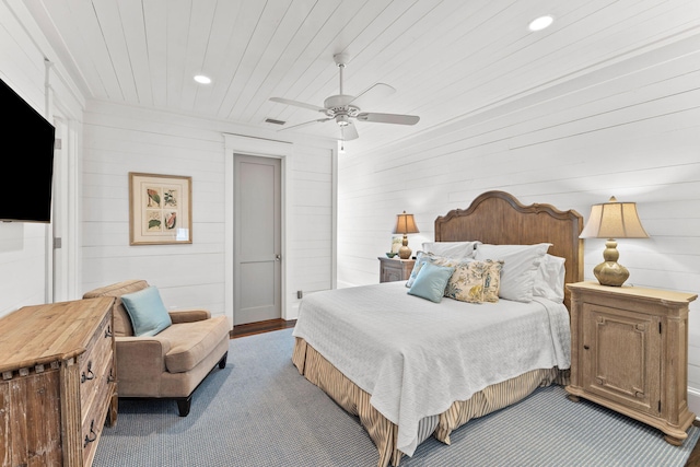 bedroom with wooden ceiling and ceiling fan