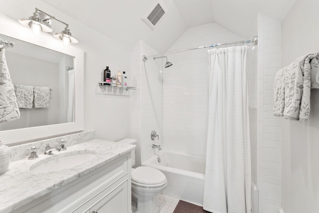 full bathroom featuring vanity, shower / bathtub combination with curtain, tile flooring, vaulted ceiling, and toilet