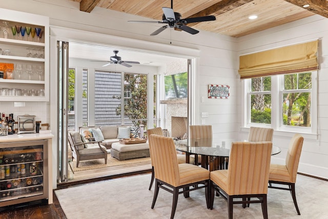 dining room featuring ceiling fan, a healthy amount of sunlight, and wood ceiling