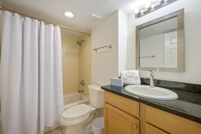 full bathroom with tile patterned flooring, vanity, shower / bath combination with curtain, and toilet