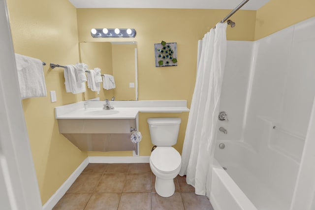 full bathroom with shower / bath combo, toilet, tile flooring, and vanity