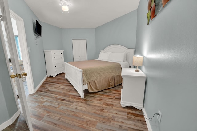 bedroom featuring hardwood / wood-style flooring and a closet