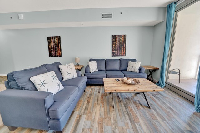 living room featuring a baseboard radiator and hardwood / wood-style floors