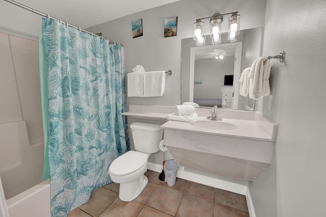 full bathroom with shower / bathtub combination with curtain, toilet, tile floors, and large vanity