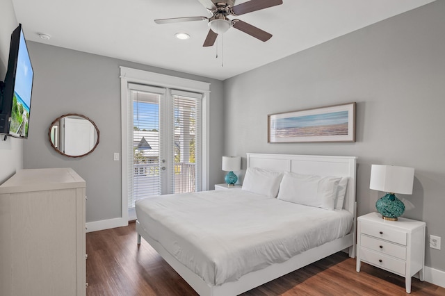 bedroom with access to outside, ceiling fan, and dark hardwood / wood-style floors