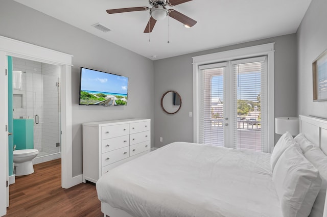 bedroom with ceiling fan, ensuite bathroom, access to exterior, dark hardwood / wood-style flooring, and french doors