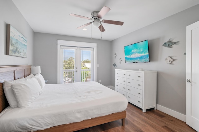 bedroom with hardwood / wood-style floors, french doors, ceiling fan, and access to exterior