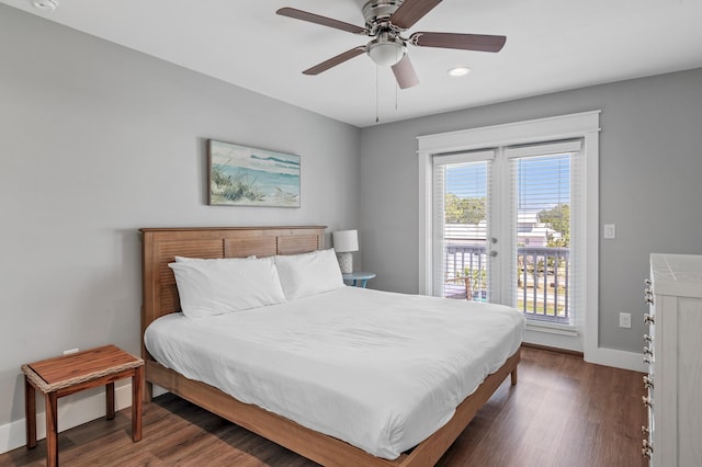 bedroom featuring french doors, ceiling fan, access to exterior, and dark hardwood / wood-style floors