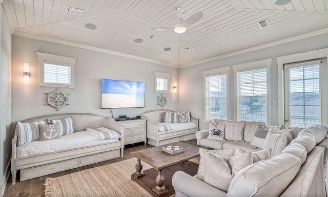 living room with ceiling fan, dark hardwood / wood-style flooring, wood ceiling, and ornamental molding