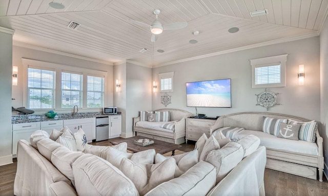 living room with ceiling fan, a healthy amount of sunlight, wooden ceiling, and dark wood-type flooring