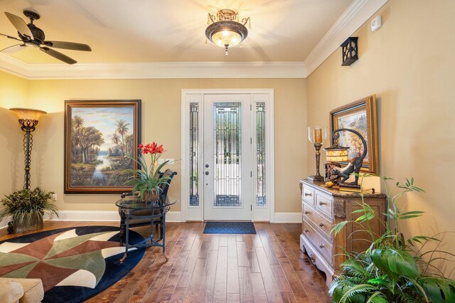 foyer entrance featuring a healthy amount of sunlight, dark hardwood / wood-style flooring, ceiling fan, and crown molding