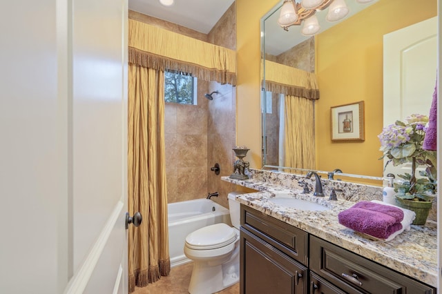 full bathroom featuring shower / tub combo with curtain, oversized vanity, toilet, and tile flooring