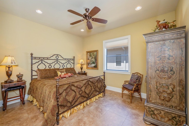 bedroom with tile flooring and ceiling fan