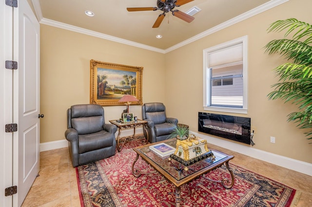 tiled living room with ornamental molding and ceiling fan