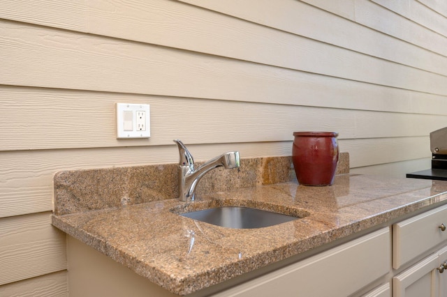 details featuring wood walls and vanity