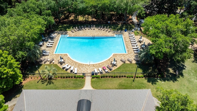 view of swimming pool featuring a lawn