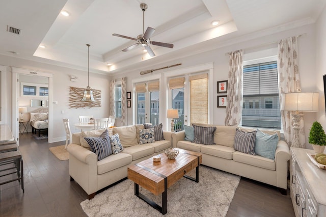 living room featuring dark hardwood / wood-style flooring, ceiling fan, and a raised ceiling