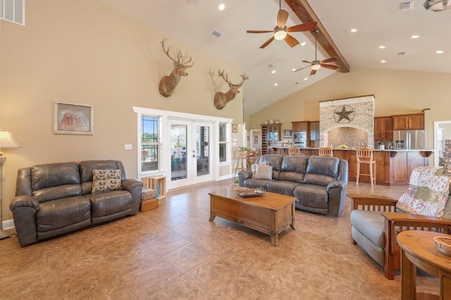 living room featuring french doors, beam ceiling, high vaulted ceiling, and ceiling fan