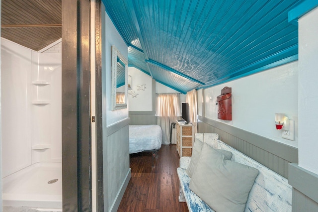 bedroom featuring wood ceiling, dark wood-type flooring, and vaulted ceiling