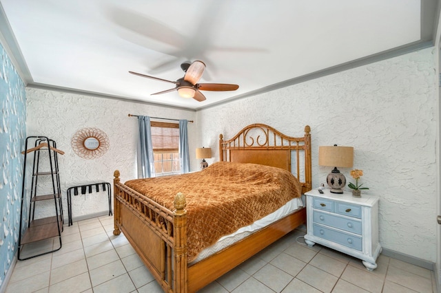 bedroom with ceiling fan and light tile floors