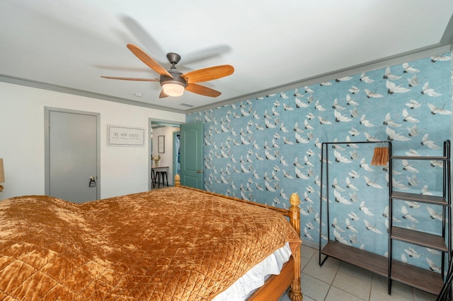 tiled bedroom with ceiling fan