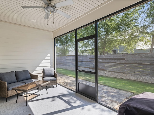 sunroom featuring wood ceiling and ceiling fan