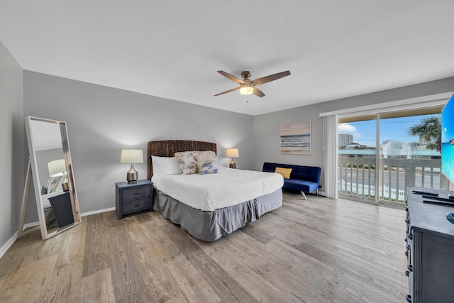 bedroom with ceiling fan, light wood-type flooring, and access to exterior