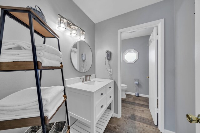 bathroom with hardwood / wood-style floors, oversized vanity, and toilet