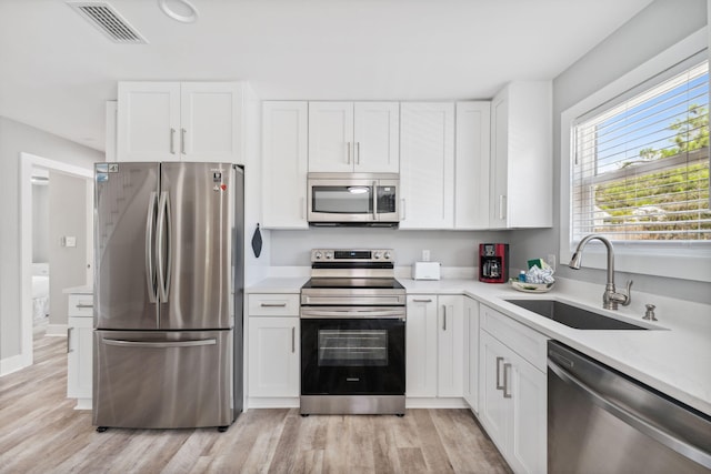 kitchen featuring sink, light hardwood / wood-style floors, white cabinetry, and stainless steel appliances