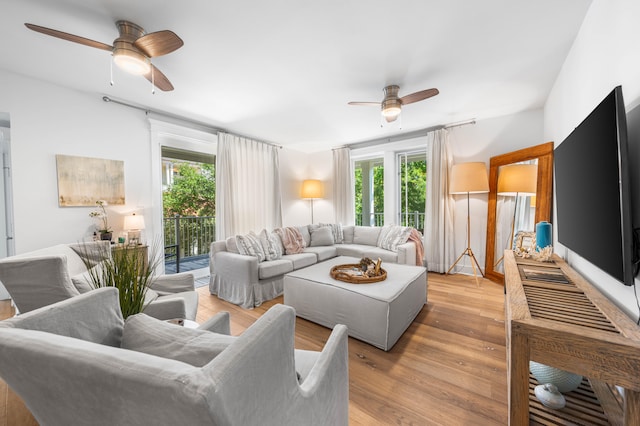 living room with ceiling fan and light hardwood / wood-style floors