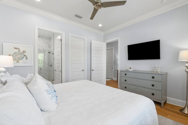 bedroom featuring ornamental molding, wood-type flooring, connected bathroom, and ceiling fan