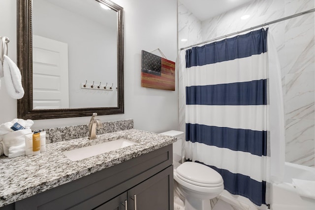 full bathroom with oversized vanity, shower / bath combo, and toilet