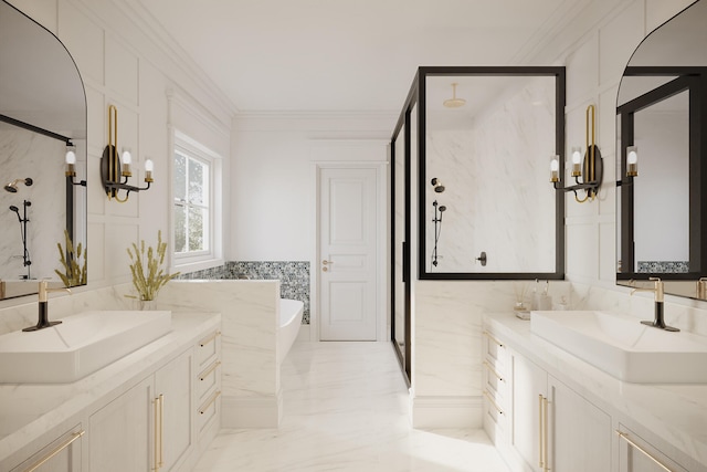 bathroom featuring tile flooring, vanity, crown molding, and tile walls