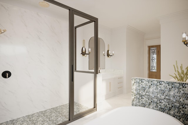 bathroom featuring ornamental molding, vanity, and independent shower and bath