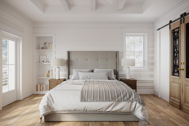 bedroom with beamed ceiling, crown molding, light wood-type flooring, and a barn door