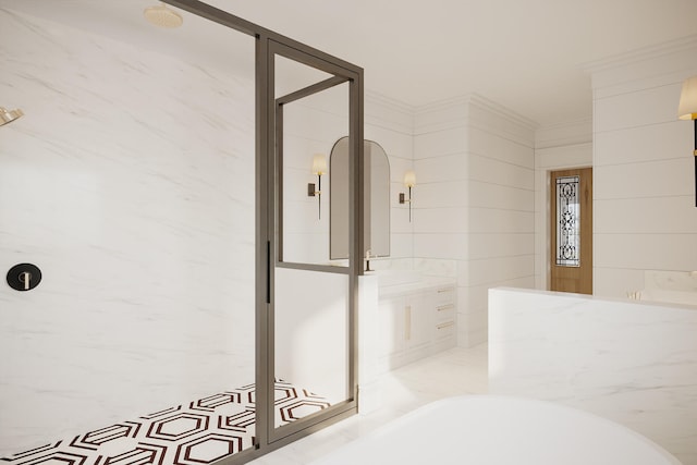 bathroom with tile walls, independent shower and bath, and vanity