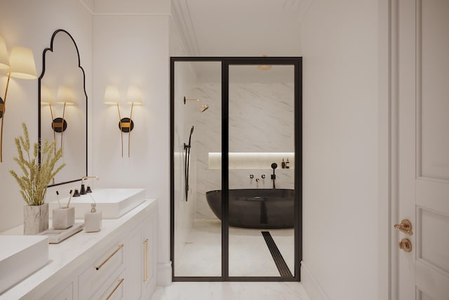 bathroom with ornamental molding, tile floors, an enclosed shower, and large vanity