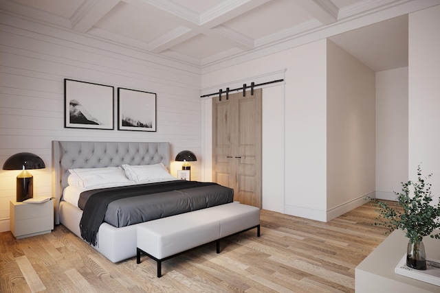 bedroom with beamed ceiling, light wood-type flooring, a barn door, and coffered ceiling