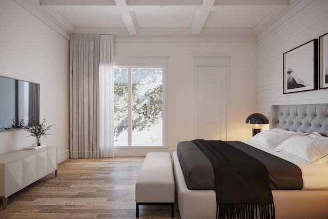 bedroom featuring hardwood / wood-style flooring, coffered ceiling, and beam ceiling