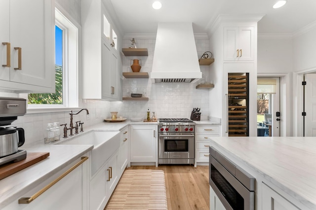 kitchen with a healthy amount of sunlight, tasteful backsplash, stainless steel appliances, and custom exhaust hood