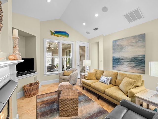 tiled living room with vaulted ceiling