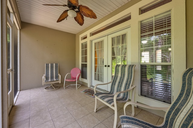 exterior space with wooden ceiling, french doors, ceiling fan, and radiator heating unit