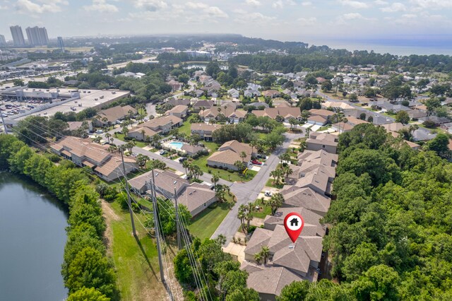 drone / aerial view featuring a water view