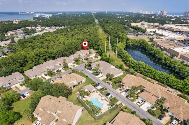 drone / aerial view with a water view