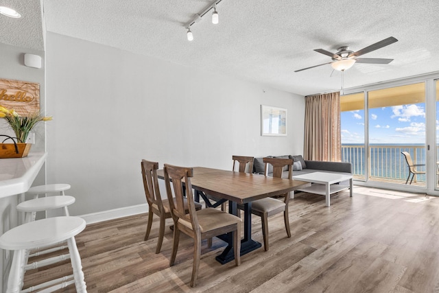 dining space with wood-type flooring, ceiling fan, rail lighting, and a textured ceiling