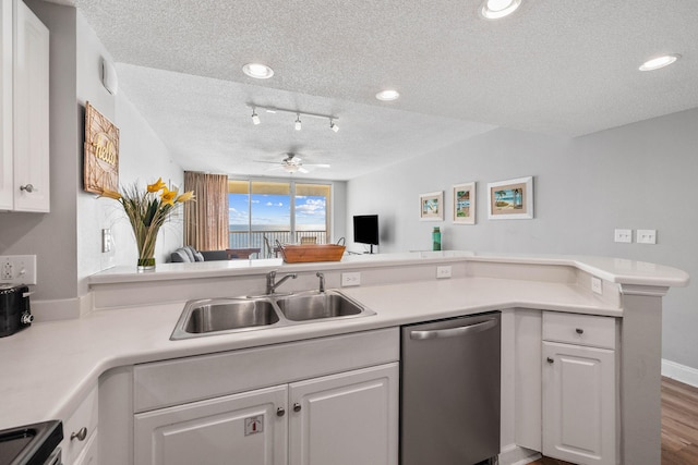 kitchen with a textured ceiling, sink, hardwood / wood-style flooring, and dishwasher