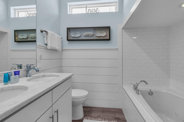 bathroom with wood-type flooring, toilet, and double vanity